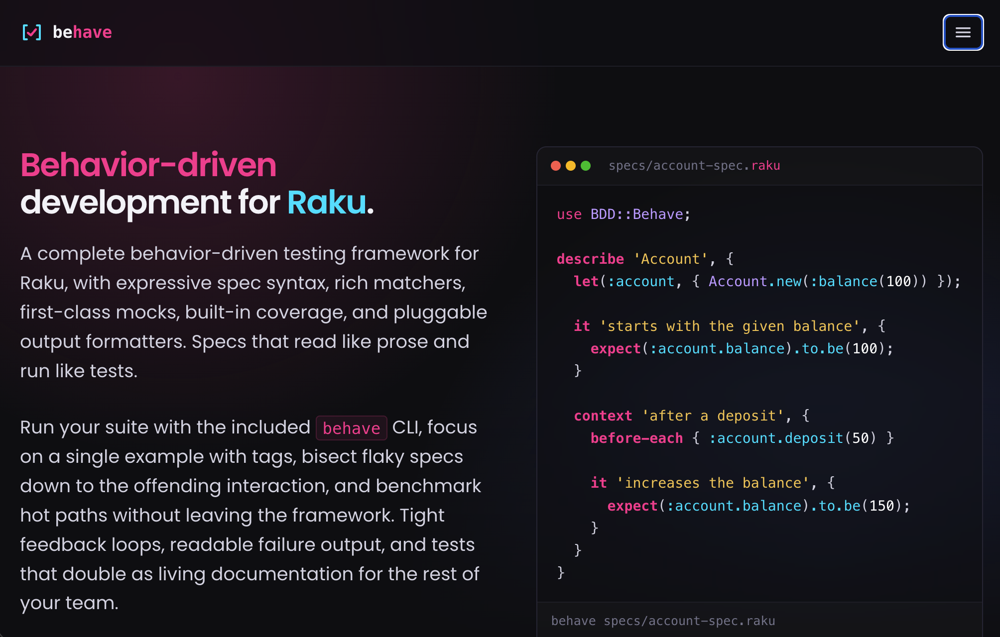 Behavior-driven development for Raku